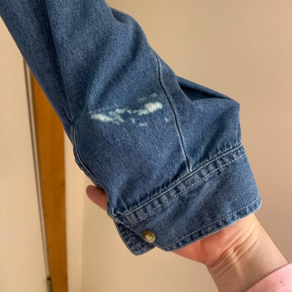 Bobbie Brooks Blue Denim Button Down Shirt with Embroidered Scarecrows - Picture 7 of 9
